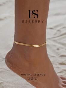 ESBERRY 1pc Flat Snake Chain Anklet, Women's, Exquisite Luxury Jewelry Gift - Yellow Gold - View 2