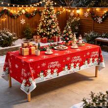 1-Piece/3 PiecesChristmas Disposable Rectangular Tablecloth – Red Tablecloth With 'Merry Christmas', Snowhouse, Santa Claus, Snowman And Christmas Tree Designs, Perfect For Holiday Season And New Year Parties, 54 X 108 Inches - Red - View 4
