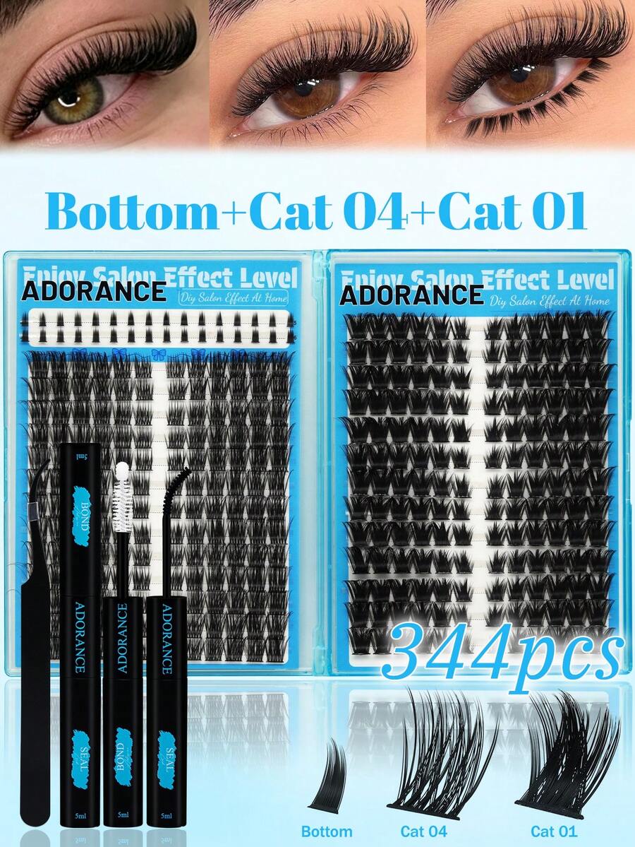 ADORANCE 2 Styles Lash Clusters Kit, 344PCS D Curl Cat Volume & Bottom Lashes, Fluffy Individual Eyelash Extensions With Bond And Seal Glue, DIY False Lashes For Custom Lash Maps, Salon-Style Eye Makeup - Black - View 1