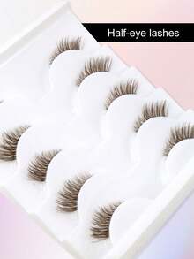 5 Pairs Brown Half Eye Extended Tail Invisible Band Natural Fit 3D Fluffy Curly Caramel Color Faux Eyelashes Soft Lightweight Beginner Wear Date Travel False Eyelashes - Brown - View 7