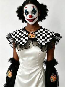 1 Set Black White Checkered Detachable False Collar And Mesh Hand Sleeves Set With Pumpkin Patch For Halloween Clown Cosplay Costume Party Accessory - A - View 4