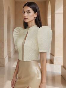 Modern Filipino Style Minimalist Elegant Stand Collar Blouse, Small Stand Collar, Structured Sleeve Design - Apricot - View 1
