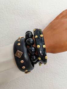 imoli 3pcs/Set Vintage Punk Style Stackable Resin Wide Cuff Inlaid Rivet CCB Square Bead Women's Bracelet Set, Bracelet, Wrist Jewelry, Suitable For Daily Party Matching Accessories - 33740-bra-black - View 5
