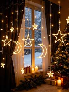 1pc Christmas Star Moon Curtain Lights,Battery Powered LED Window Curtain String Lights With Steady On & Flash Modes, Hanging Star Moon Fairy Lights For Christmas, Bedroom, Window, Indoor Room Holiday Wall Decorations String Lights - Clear - View 2