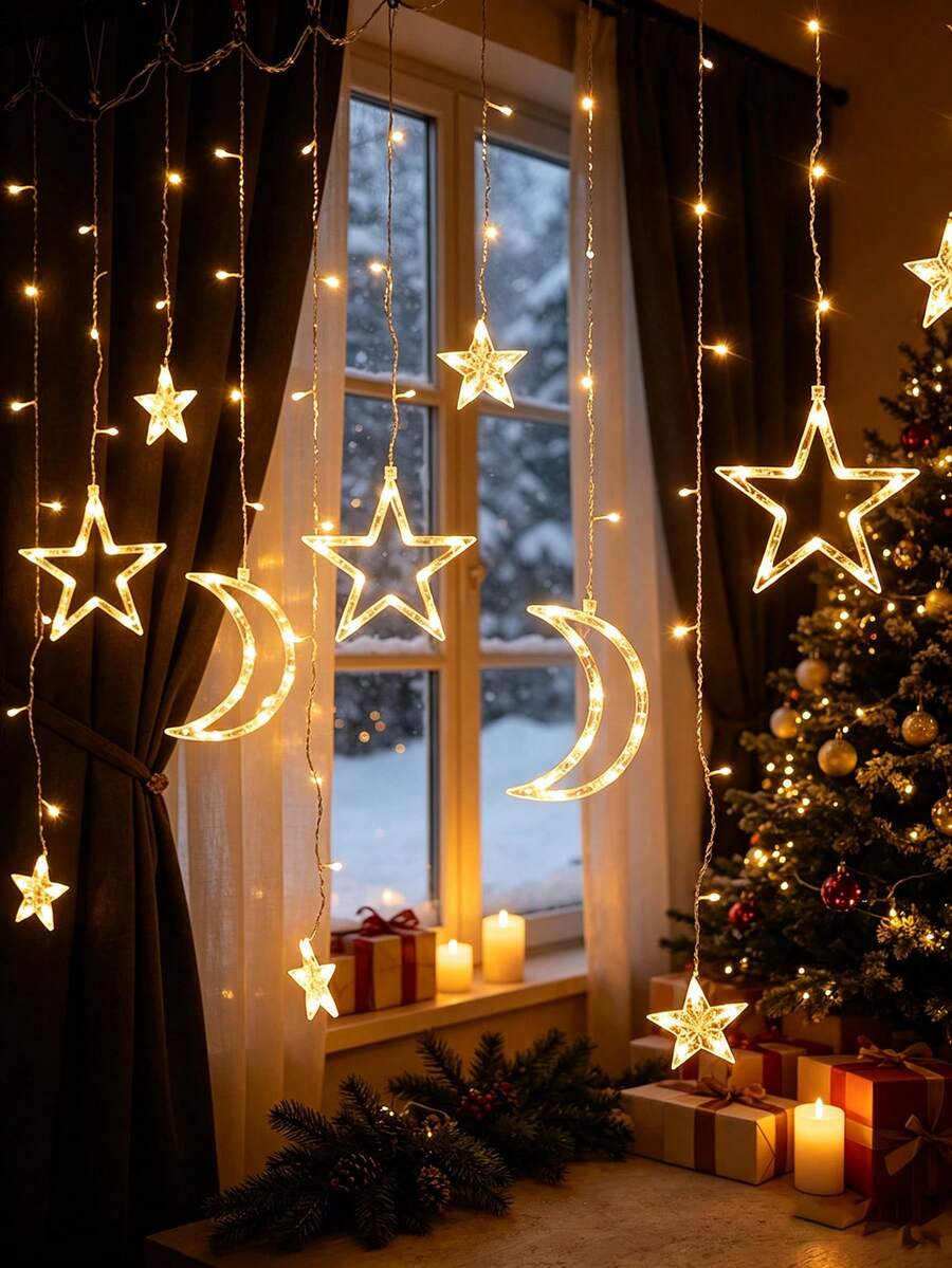1pc Christmas Star Moon Curtain Lights,Battery Powered LED Window Curtain String Lights With Steady On & Flash Modes, Hanging Star Moon Fairy Lights For Christmas, Bedroom, Window, Indoor Room Holiday Wall Decorations String Lights