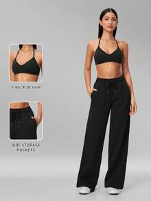 MFVIM Women's Autumn/Winter New Short Bra + Long Sweatpants 2pcs Sports Casual Set - Premium Black - View 3