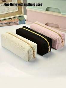 1/2pcs Solid Color Plaid Multifunction Pencil Case, Diamond Pattern Large Capacity Pencil Case, Stationery Bag, Student Pencil Case (Fuzzy School Pencil Case) - Corduroy Small - View 3