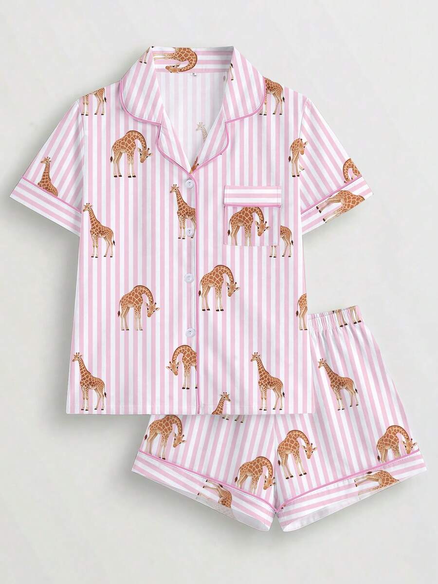 2pcs/Set Women's Pajama Set, Giraffe Print, Women's Loungewear, Spring/Summer Holiday Outfit, Short Sleeve Top And Shorts Set - Pink - View 1