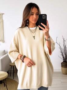 Plus Size Women's Loose Fit Minimalist Casual Everyday Style Autumn/Winter European & American Commuter Solid Color Crew Neck 3/4 Sleeve Split Hem Pullover Sweater - Apricot - View 2