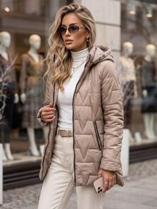 Women's Quilted Jacket Detachable Hood Zip Front Side Pockets Mid-Thigh Straight Fit - Beige - View 4