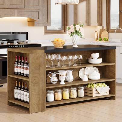 LITTLE TREE 140 Cm Farmhouse Wood Kitchen Island With Storage 5 Tier Open Shelves Stationary Coffee Bar Cabinet Large Countertop For Kitchen Vintage Brown