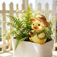 Fishing Duck Resin Figurine, Yellow Duck With Straw Hat, Japanese Garden Pond Landscape Decor, Desktop Ornament, Cartoon Animal Craft, Rockery Water Feature Decoration, Healing Style Novelty Gift - A - View 4
