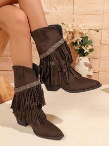 American Retro Rivet Tassel Chunky Heel Mid-Calf Boots For Women Casual Comfortable Commute Western Style - Dark Brown - View 4