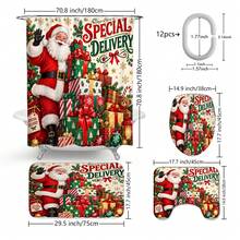 1 buah/4 buah Set Tirai Mandi Multifungsi Motif Kado Santa Claus, Gratis 12 Pengait, Suasana Liburan Premium, Keset Kamar Mandi, Karpet Berbentuk U dan Penutup Toilet Bulat, Cocok untuk Semua Suasana, Set Kamar Mandi - Hadiah Santa - View 3