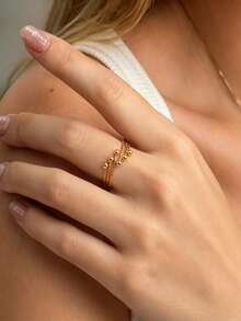Stainless Steel Triple Layer Textured Wave Bead Adjustable Open Ring, Unisex Jewelry, Fashion Couple Rings, Suitable For Daily, Party And Holiday Wear - Adjustable Open Ring - View 5