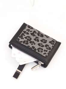 Dompet Pendek Wanita Gaya Vintage PU Motif Leopard Penutup Jepret Tempat Kartu Multifungsi Kapasitas Besar Pengatur ID - Hitam - View 6