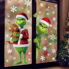 The Grinch ملصق نافذة عيد الميلاد من مادة PVC بتصميم كرتوني وحش أخضر وندفة ثلج، ملصق ثابت للزجاج، ديكور حفلة العطلات، مستلزمات تجمع العطلات - متعدد الألوان - مشاهدة 3