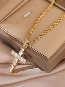 1pc Men's Stainless Steel Cross Pendant Necklace With Twist Chain, Hip Hop Rap Rock Style, Rhinestone Fashion Jewelry - Multicolor - View 6