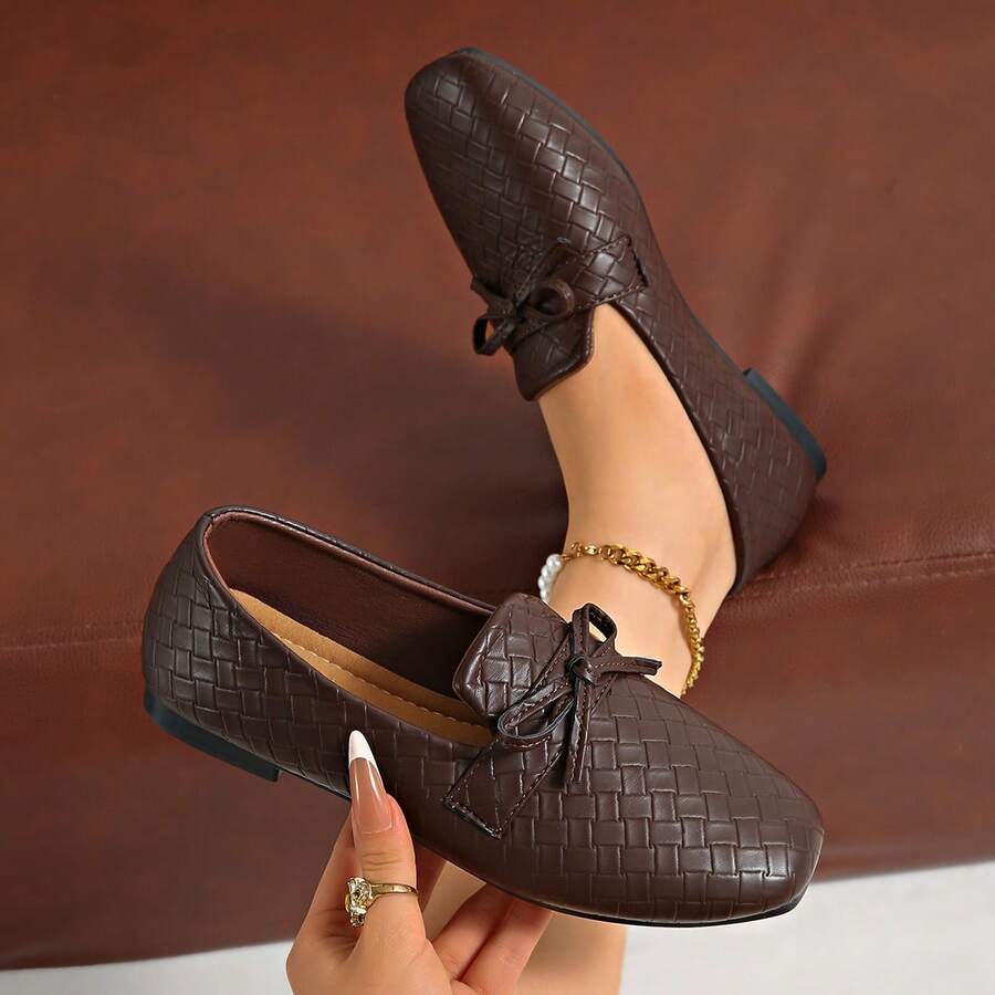 New Women's Flat Ballet Shoes With Woven Fabric And Bowknot Decoration, Elegant And Comfortable Minimalist Design, Suitable For Party, Banquet, Nightclub And Other Occasions, Vacation, Walking, Outdoor Wear, Versatile Style