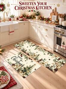 1/2pcs Christmas Floor Mat, Christmas Tree Pattern Merry Christmas Kitchen Rug, Winter Home Decor Low-Key Kitchen Carpet, Christmas Holiday Gift! - Multicolor - View 2