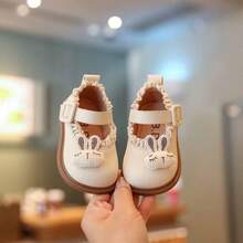 1 Pair Baby Girl Sweet Mary Jane Shoes, Ruffle Decor Ankle Strap Flat Shoes, Soft Non-Slip Sole Toddler Walking Shoes - Beige - View 2