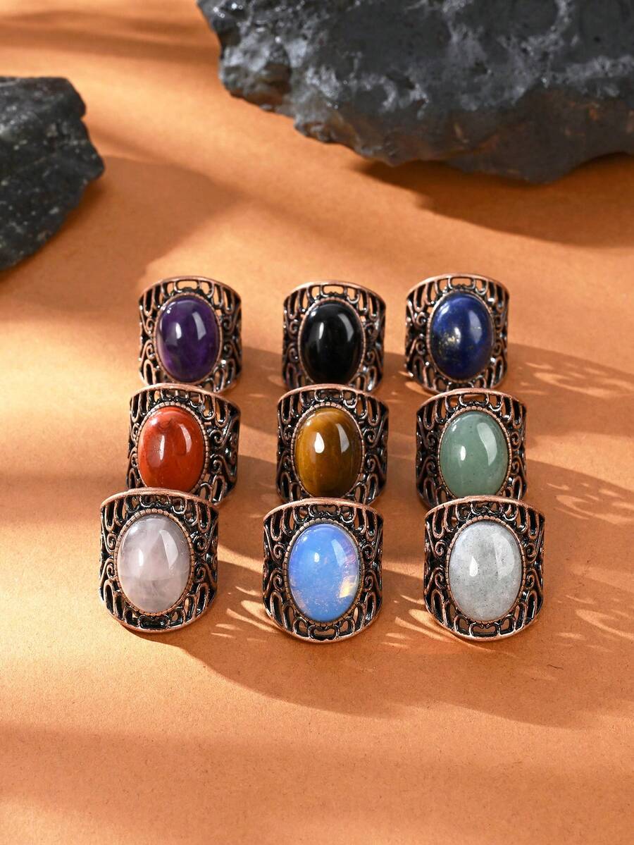 1pc Natural Crystal Natural Stone Egg-Shaped Polished Antique Style Open Ring Suitable For Women And Men - Multicolor - View 1