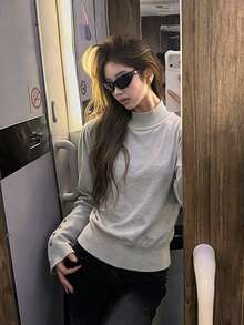 法式半高領鈕扣針織毛衣女款 秋冬修身內搭上衣 女款秋季上衣 萬聖節 - 淺灰色 - 查看 1