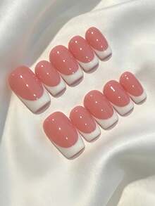 10 Peças Unhas Postiças Reutilizáveis Feitas à Mão com Cobertura Total, Comprimento Curto a Médio Quadrado com Borda Francesa Rosa & Branca Brilhante, Unhas Clássicas Fofas de Alta Qualidade para Manicure Francesa, Adequadas para Uso Diário e Festas de Mulheres e Meninas - Multicolorido - Visão 7