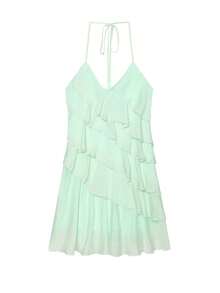 Mini Halter Dress Women's Ruffle Layered Dress Backless Sleeveless Flowy Dress Mint Green V Neck Sundress Summer Tie Back Short Beach Dresses Woman - Mint Green - View 5