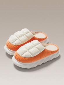 Winter New Fashion Thermal Lined Color Block Patchwork Women's House Slippers Slip-On Simple Thick Sole Unisex Couple Home Bedroom Basic Slippers - White and Orange - View 7