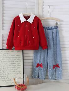 2pcs Girls Sweet Cute Style Lapel Beaded Long Sleeve Top & Bow Decor Split Hem Washed Denim Jeans Set, Spring/Autumn - Red - View 1
