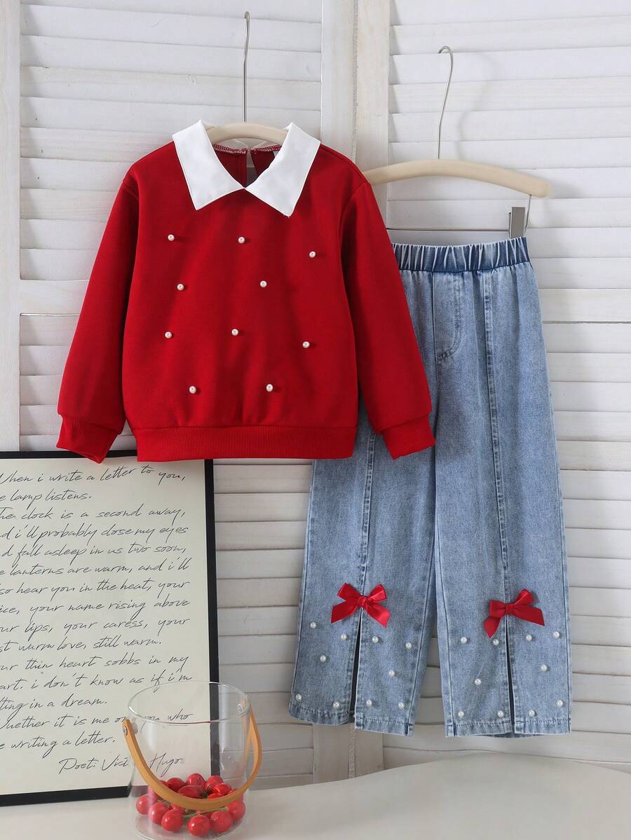 2pcs Girls Sweet Cute Style Lapel Beaded Long Sleeve Top & Bow Decor Split Hem Washed Denim Jeans Set, Spring/Autumn - Red - View 1