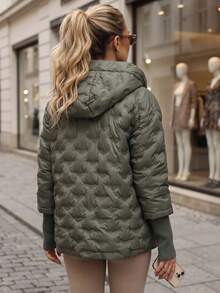 Women's Quilted Hooded Jacket Zip Front Ribbed Cuffs Hip Length Regular Fit - Green - View 3