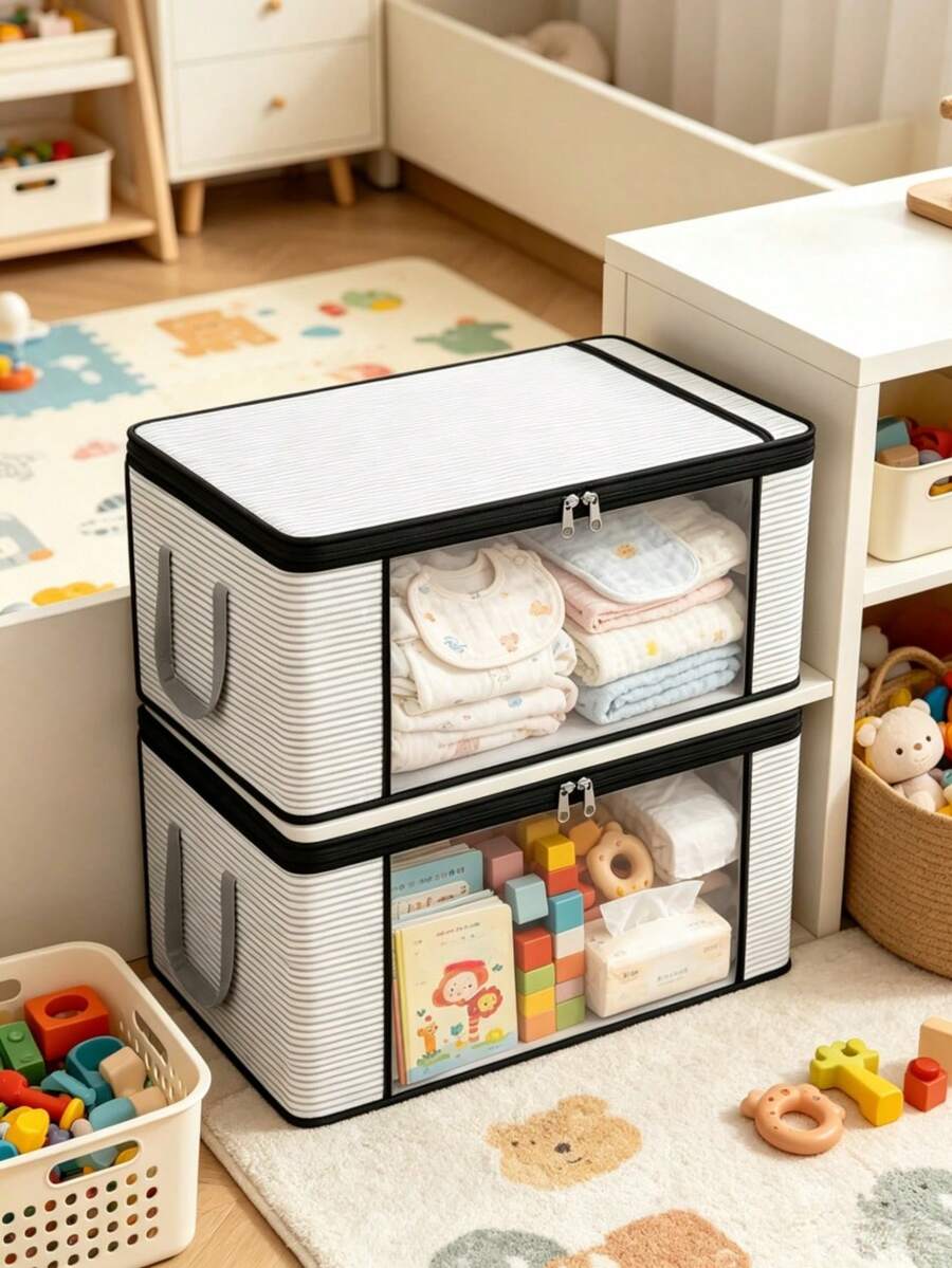 1/3pcs Baby Nursery Storage Box With Clear Front Window, Zipper Closure, Large Capacity Fabric Closet Organizer For Baby Clothes, Blankets And Toys - Multicolor - View 1