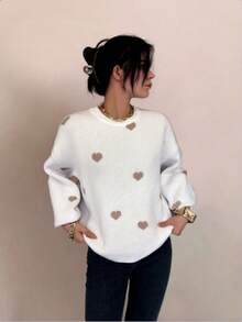 Women's Plus Size Heart Pattern Round Neck Drop Shoulder Long Sleeve Casual Sweater - White - View 4
