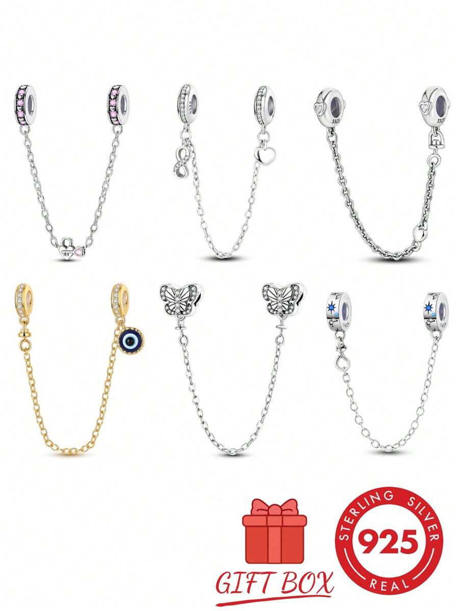 1pc S925 Sterling Silver Bracelet Safety Chain, Original Heart Lock, Butterfly, Evil Eye Multiple Rhinestone Designs, Thin Chain Anti-Drop Protection For Beaded Bracelets, Gold And Silver Dual Colors Optional, Versatile Accessory, Suitable For Handmade DIY Bracelet Making, Exquisite And Durable For Daily Wear - Multicolor - View 1