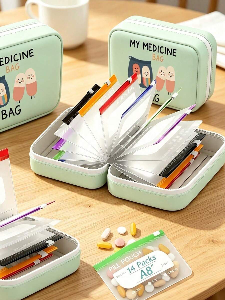 Pill Storage Box Set, MY MEDICINE BAG And Pill Print, Daily 2 Times 7 Days Large Capacity Pill Storage Box, 14 Colorful Compartments, Reusable Travel Medicine Storage Bag, Suitable For Supplements And Small Daily Items, Suitable For Health-Conscious And Travel Users, Essential Medical Accessory, Dormitory Necessity, Back To School Essential, Teacher's Day Gift, Back To School Gift - Multicolor - View 1