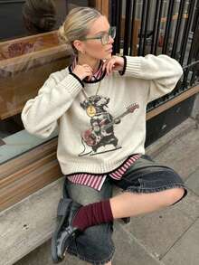 LOVE JOYY Women Fall Winter Cream Crew Neck Sweater, Guitar Puppy Retro Print Contrast Trim Oversized Drop Shoulder Pullover - Apricot - View 3