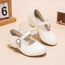 White Minimalist Girls' Princess Shoes, Fine Glossy Material, Single Strap Hook And Loop With Rhinestone Pendant. Low Heel Design For Stable Walking, Round Toe To Protect Toes, Soft And Comfortable Lining. Suitable For Performances, Weddings, Parties, Clean And Versatile. - White - View 1