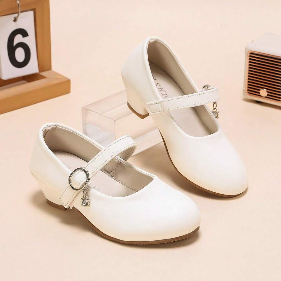 White Minimalist Girls' Princess Shoes, Fine Glossy Material, Single Strap Hook And Loop With Rhinestone Pendant. Low Heel Design For Stable Walking, Round Toe To Protect Toes, Soft And Comfortable Lining. Suitable For Performances, Weddings, Parties, Clean And Versatile. - White - View 1