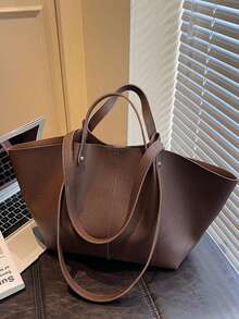 Lychee Texture Stitching Detail Double Layer Handheld Shoulder Bag Layered Storage Korean Style Lazy Tote Bag Women's Large Capacity School Shopping Versatile Textured Shoulder Bag - Coffee - View 6
