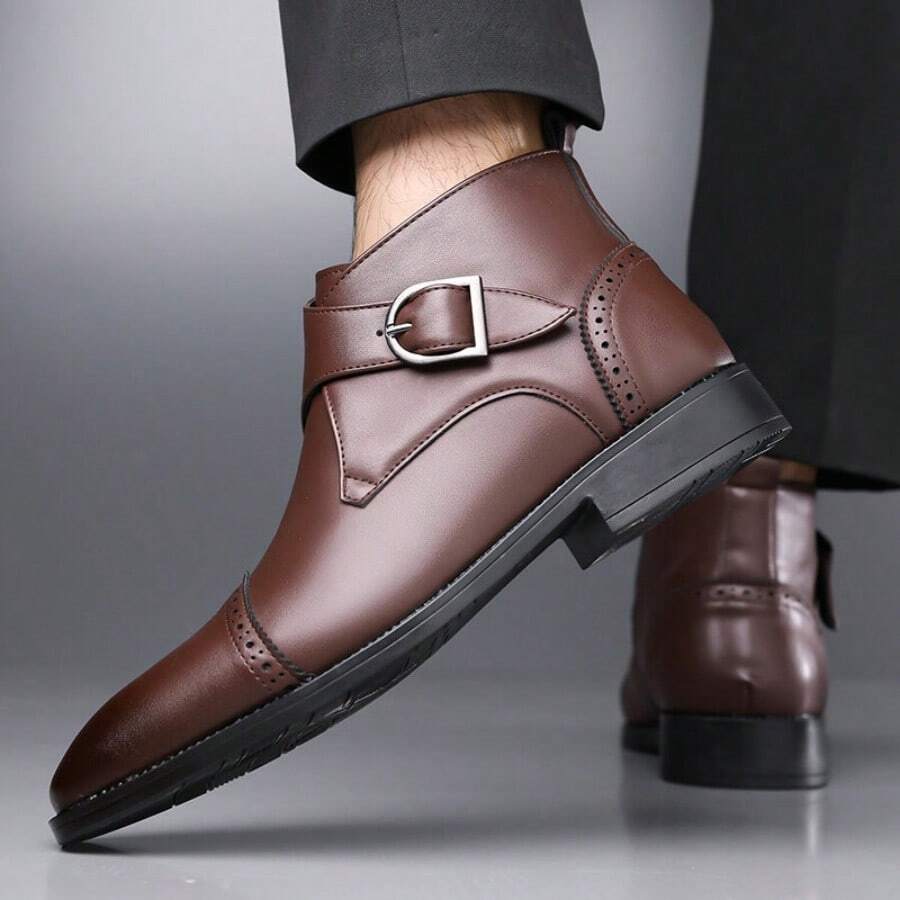 Men's Brogue Ankle Boots Pointed Toe Metal Buckle Decor Side Zipper Faux Leather Dress Ankle Boots With Buckle Plus Size 48 - Brown - View 1