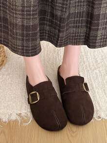 Women's Coffee Brown Suede Split Toe Mule Shoes With Buckle Strap, Thick Sole, Comfortable Casual Loafers For Daily Wear, No Back - Coffee Brown - View 4