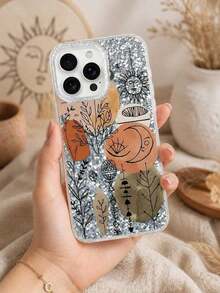 Ins Artistic Style Phone Case - Autumn Terry Tone Color Blocks With Hand Drawn Plants And Totem Sun/Moon - Suitable For Daily Use/Gifts - Bright Silver Fragment Style - Unique Design, Compatible With IPhone 18/17/16/15/14/13 Pro Max And More Models - Multicolor - View 4