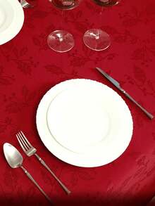 1pc Splash-Proof Winter Holly Element Pattern Jacquard Decorative Tablecloth Cover, Washable Polyester Fabric, Multiple Sizes Square Dining Table Cloth, Suitable For Decoration, Dinner, Gathering, Event, Party Etc. - Red - View 7