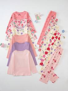 6 Sets 1 Set Random Girls Long Sleeve Long Pants Loungewear Set Pure Cotton Pajamas Set Casual All-Over Print Top And Pants - Multicolor - View 2