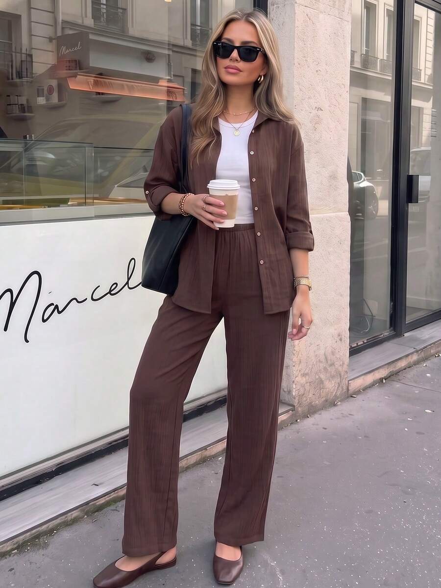 Spring/Autumn Solid Color Long Sleeve Petal Sleeve Shirt Set, Fashionable Minimalist Comfortable Skin-Friendly Essential For Home, Travel And Shopping - Brown - View 1