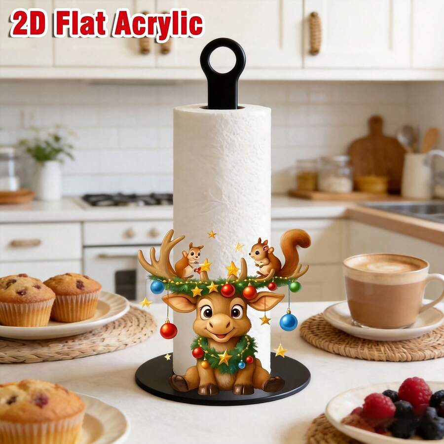 2D Flat Christmas Reindeer Print Paper Towel Holder, Acrylic Material Vertical Roll Paper Storage Rack, Kitchen Dining Table Decor Ornament, Easy Installation, Suitable For Christmas Holiday Party Home Room Decoration (Paper Not Included) - Multicolor - View 1