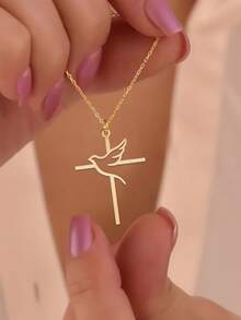 女士金銀鏤空鴿十字架項鍊，鎖骨鏈，基督教聖靈信仰飾品，休閒小眾傳教士女友節日溫馨禮物 - 金色 - 查看 3