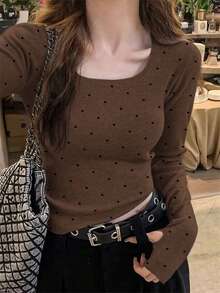 女款甜美可愛大圓領杏色波點針織衫，秋冬款 - 咖啡色 - 查看 2